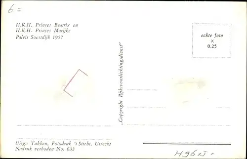Ak Prinzessinnen Beatrix und Marijke, Paleis Soestdijk 1957