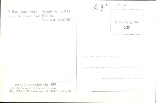 Ak Juliana der Niederlande, Prinzessinnen, Prinz Bernhard, Schiphol 1955, Reise nach Mexiko