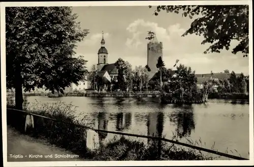 Ak Triptis in Thüringen, Kirche, Schlossturm, Stadtteich