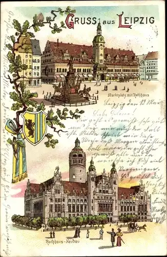 Litho Leipzig in Sachsen, Marktplatz mit Rathaus, Rathaus Neubau