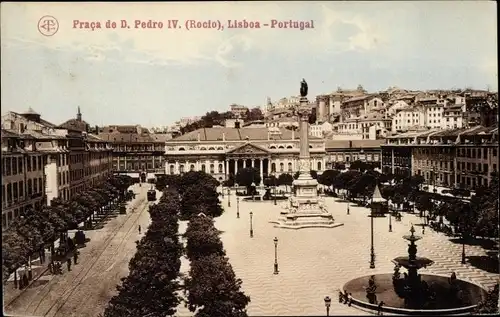 Ak Lissabon Portugal, Praca de D. Pedro IV, Rocio, Denkmal, Platz