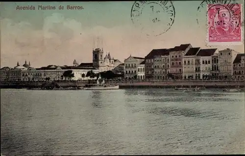 Ak Brasilien, Avenida Martins de Barros, Blick vom Wasser auf die Stadt