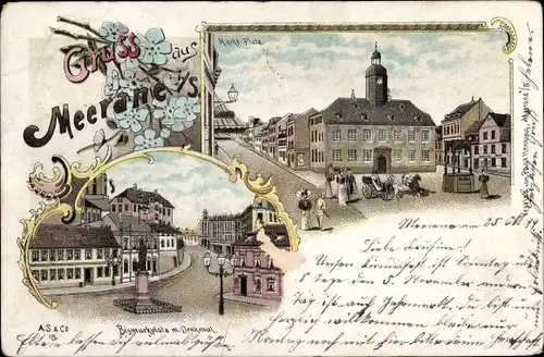 Litho Meerane in Sachsen, Marktplatz, Bismarckplatz, Denkmal