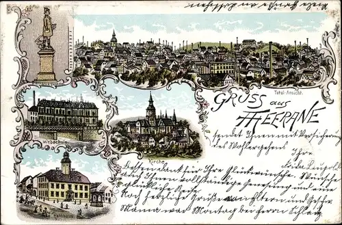 Litho Meerane in Sachsen, Totale, Denkmal, Rathaus, Webschule, Kirche