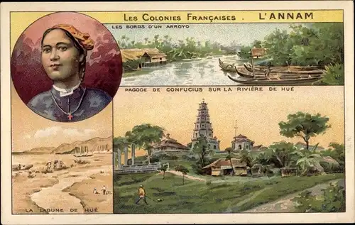 Litho Annam Vietnam, Bords d'un Arroyo, Pagode de Confucius sur la Riviere de Hue, Lagune