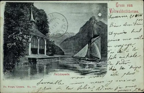 Mondschein Litho Kanton Uri, Tellskapelle am Vierwaldstättersee