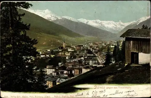 Ak Davos Kanton Graubünden, Stadt gegen das Tinzenhorn gesehen