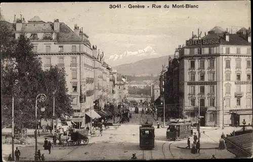 Ak Genève Genf Schweiz, Rue du Mont Blanc, Hotel Suisse, Straßenbahnen