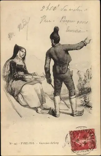 Ak Pyrenees, Costumes de Grip, Französische Tracht, Frau mit Körben