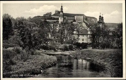 Ak Kłodzko Glatz Schlesien, Stadtansicht, Flusspartie