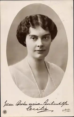 Ak Kronprinzessin Cecilie von Preußen, Portrait, Cecilienhilfe
