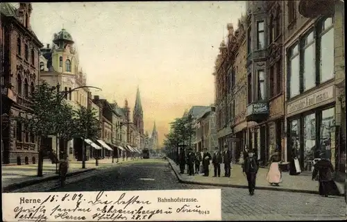 Ak Herne im Ruhrgebiet, Bahnhofstraße, Geschäft Gebrüder Kaufmann, Kirche