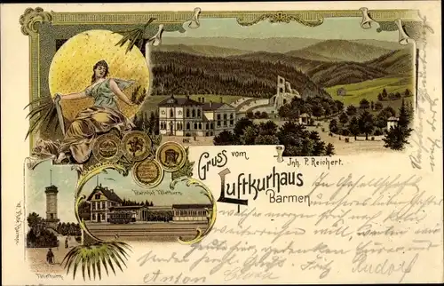 Litho Barmen Wuppertal, Luftkurhaus, Tölleturm, Bahnhof