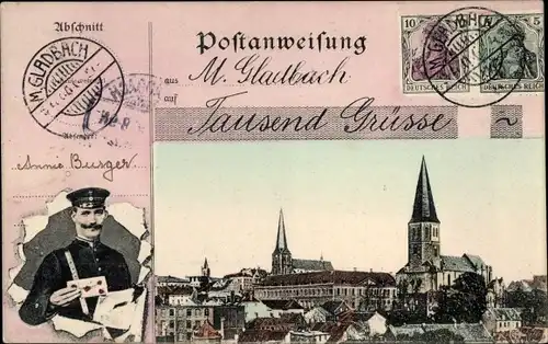 Passepartout Ak Mönchengladbach am Niederrhein, Teilansicht, Kirche, Postanweisung Tausend Grüße