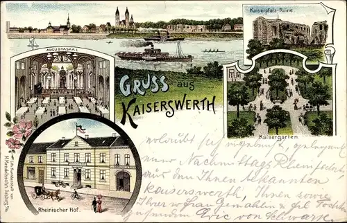 Litho Kaiserswerth Düsseldorf am Rhein, Kaiserpfalz Ruine, Kaisergarten, Hotel Rheinischer Hof