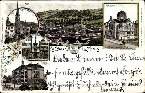 Litho La Chaux de Fonds Kanton Neuenburg, Synagogue, Eglise, College industriel, Fontaine