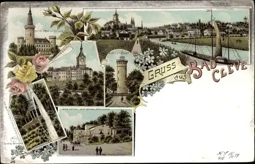 Litho Bad Cleve Kleve am Niederrhein, Schloss, Bad Hotel, Aussichtsturm