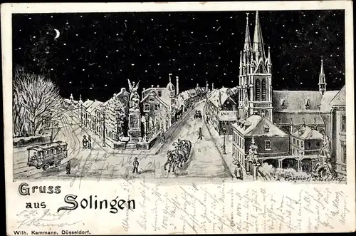 Mondschein Litho Solingen im Bergischen Land, Stadtansicht, Kirche