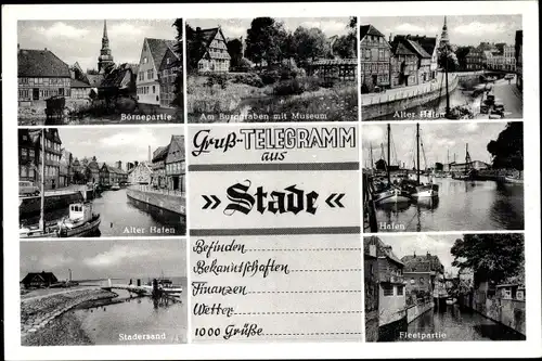 Ak Stade in Niedersachsen, Alter Hafen, Börnepartie, Fleetpartie, Museum