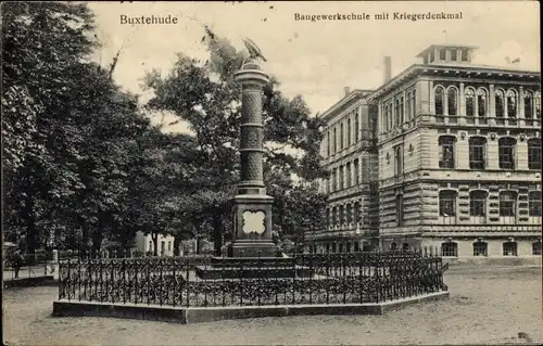 Ak Buxtehude in Niedersachsen, Baugewerkschule mit Kriegerdenkmal