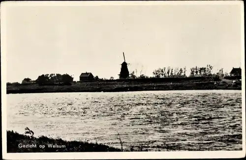 Ak Welsum Overijssel, Blick auf den Ort, Fluss, Windmühle