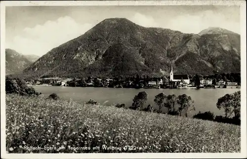 Ak Rottach Egern in Oberbayern, Wallberg, Blick über den See, Kirche