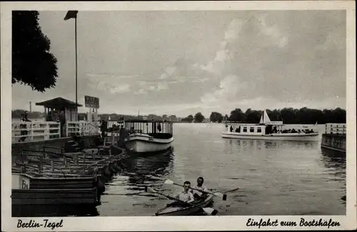 Ak Berlin Reinickendorf Tegel, Einfahrt zum Bootshafen, Boote