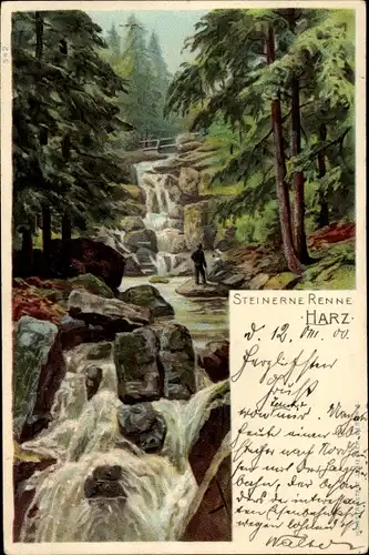 Litho Wernigerode am Harz, Ansicht der Steinernen Renne, Wasserfall, Wald