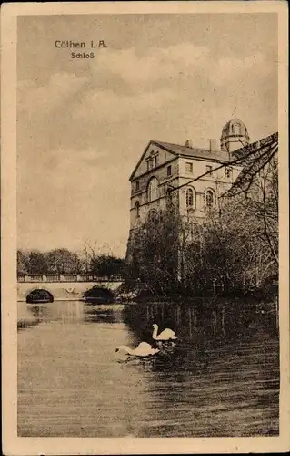 Ak Cöthen Köthen in Anhalt, Schloss mit Gewässer, Schwäne