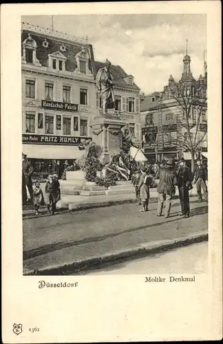 Ak Düsseldorf am Rhein, Moltke-Denkmal vor Handschuh Fabrik Fritz Kumly