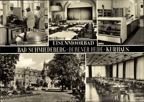 Ak Bad Schmiedeberg in der Dübener Heide, Kurhaus, Eisenmoorbad, Küche, Büffet, Saal