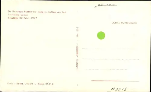 Ak Prinzessin Beatrix der Niederlande, Prinzessin Irene, Twentsche gasten, Soestdijk 1947