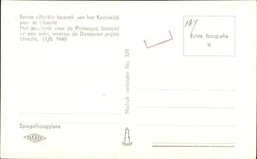 Ak Königin Juliana der Niederlande, Prinz Bernhard, bezoek Utrecht 1949