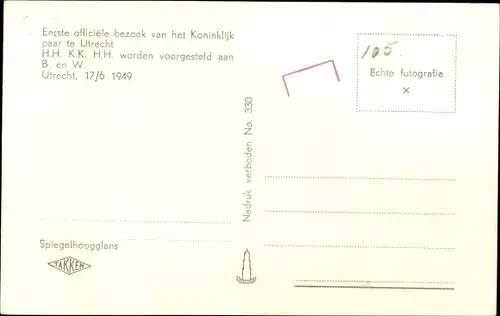 Ak Königin Juliana der Niederlande, Prinz Bernhard, bezoek Utrecht 1949