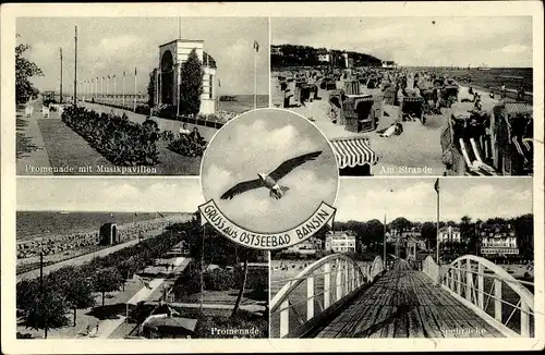 Ak Ostseebad Bansin Heringsdorf auf Usedom, Strand, Promenade, Seebrücke, Musikpavillon, Möwe