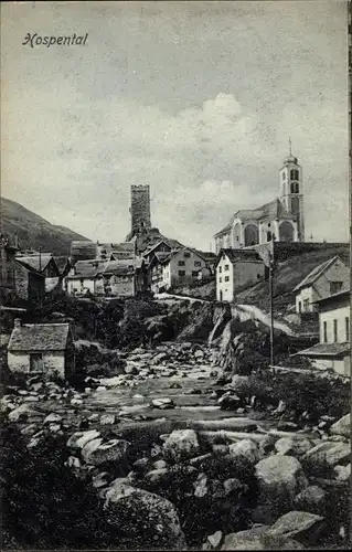 Ak Hospental Kanton Uri, felsige Flusspartie, Kirche, Turm