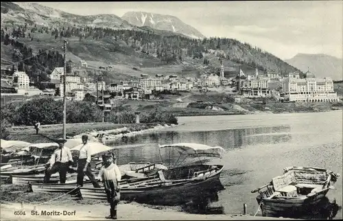 Ak Sankt Moritz Dorf Kanton Graubünden, Ort, Kinder am Strand, Boote