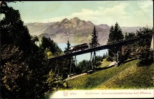 Ak Vitznau Kanton Luzern, Rigibahn, Schnurtobelbrücke mit Pilatus