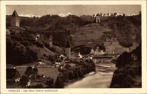Ak Fribourg Freiburg Stadt Schweiz, Les deux ponts suspendus