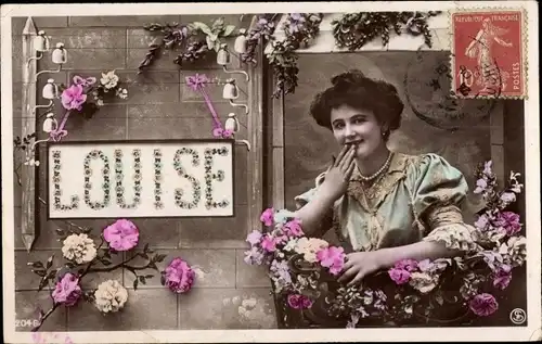 Buchstaben Ak Vorname Louise, Frau am Fenster, Telefonleitung