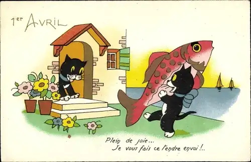 Ak 1 April, 1er Avril, Katzen mit Fisch