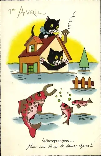 Ak Glückwunsch 1 April, Katzen, Fische, Hufeisen, Haus