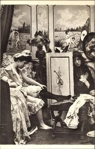 Ak Parisiennes fin de siecle, Dame im Ankleidezimmer, Strümpfe