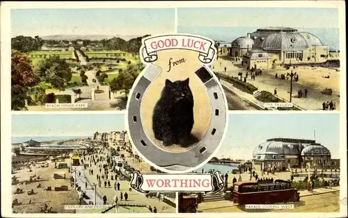 Ak Worthing West Sussex England, Schwarze Katze, Hufeisen, Strandansicht, Beach House Park