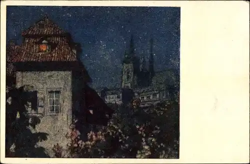 Künstler Ak Simon, T. F., Praha Prag Tschechien, Hradčany Hradschin, Stadtansicht bei Nacht