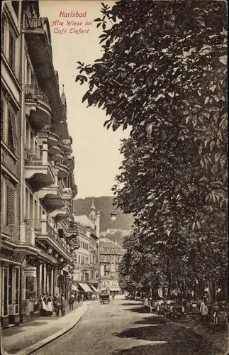 Ak Karlovy Vary Karlsbad Stadt, Alte Wiese bei Cafe Elefant