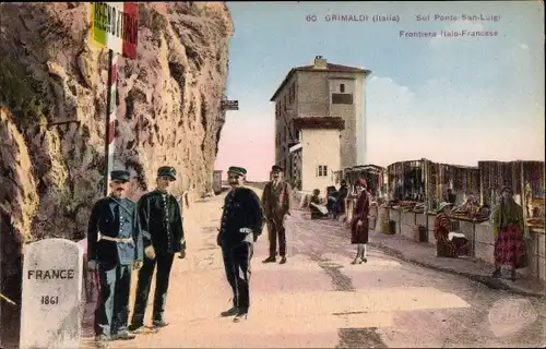 Ak Grimaldi di Ventimiglia Liguria, Sul Ponte San-Luigi, Frontiera Italo-Francese, Grenzposten