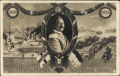 Passepartout Ak Kaiser Wilhelm II 1888-1913, Zeppelin, Kriegsschiffe, Deutschlands Schirm und Schutz