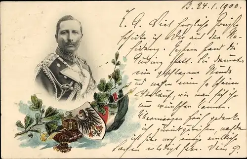 Ak Kaiser Wilhelm II. in Uniform, Wappen, Flaggen, Eichenlaub