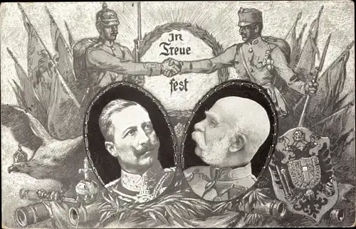 Wappen Ak Kaiser Wilhelm II., Kaiser Franz Joseph I., In Treue fest, Soldaten, Flaggen, Adler